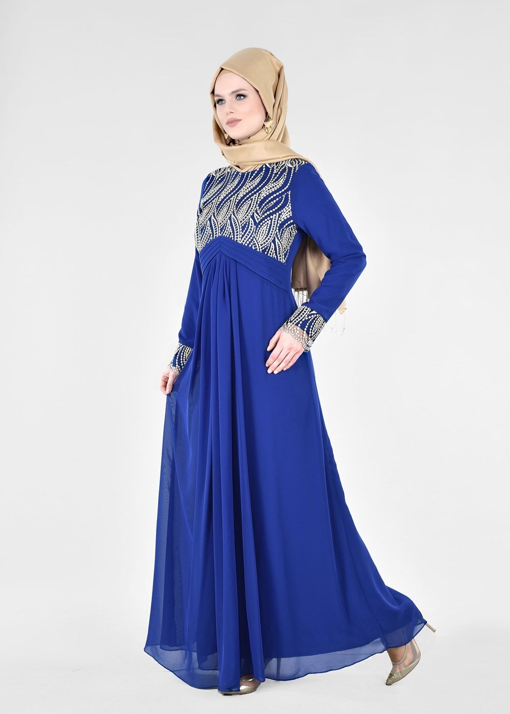 Hijab clothing NAVY BLUE T 66525 Fy Collection-İşleme Detaylı Tesettür Abiye Elbise