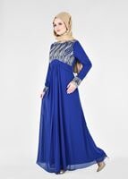 Tesettür giyim LACİVERT T 66525 Fy Collection-İşleme Detaylı Tesettür Abiye Elbise