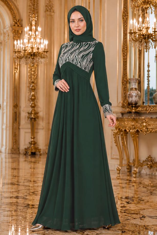 Tesettür giyim  İŞLEME DETAYLI ABİYE ELBİSE T 66525 - TRENDTESETTÜR