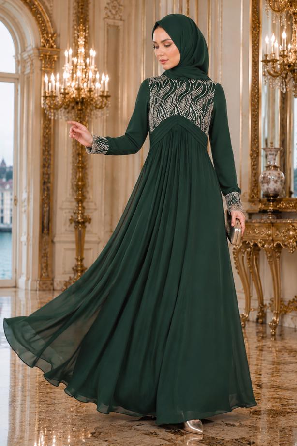 Tesettür giyim  İŞLEME DETAYLI ABİYE ELBİSE T 66525 - TRENDTESETTÜR