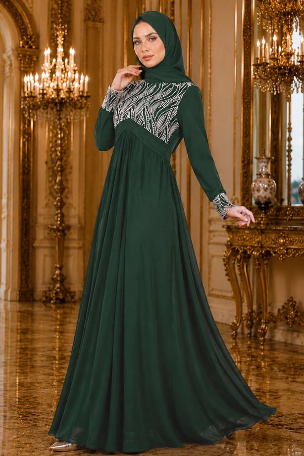 Tesettür giyim  İŞLEME DETAYLI ABİYE ELBİSE T 66525 - TRENDTESETTÜR