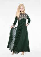 Vêtements hijab VERT T 66525 Fy Collection-İşleme Detaylı Tesettür Abiye Elbise