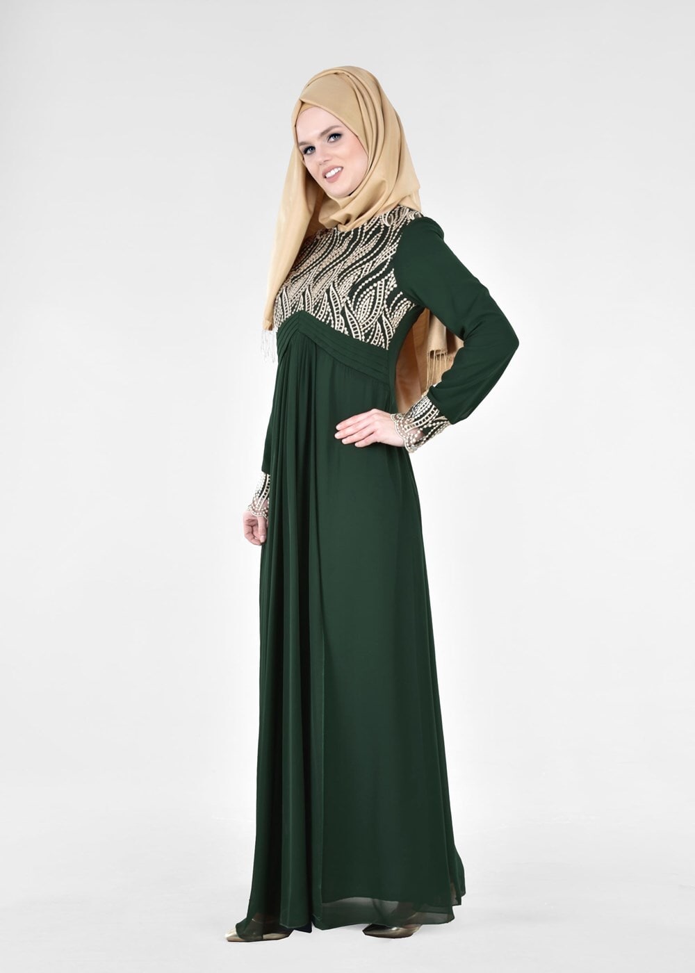 Vêtements hijab VERT T 66525 Fy Collection-İşleme Detaylı Tesettür Abiye Elbise