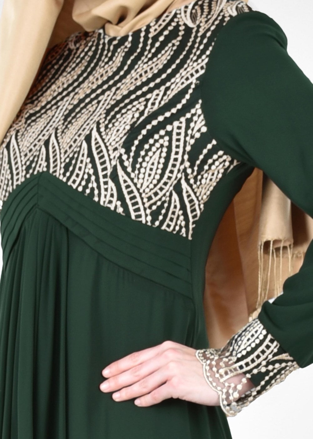 Vêtements hijab VERT T 66525 Fy Collection-İşleme Detaylı Tesettür Abiye Elbise