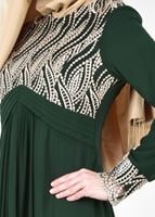 Tesettür giyim YEŞİL T 66525 Fy Collection-İşleme Detaylı Tesettür Abiye Elbise