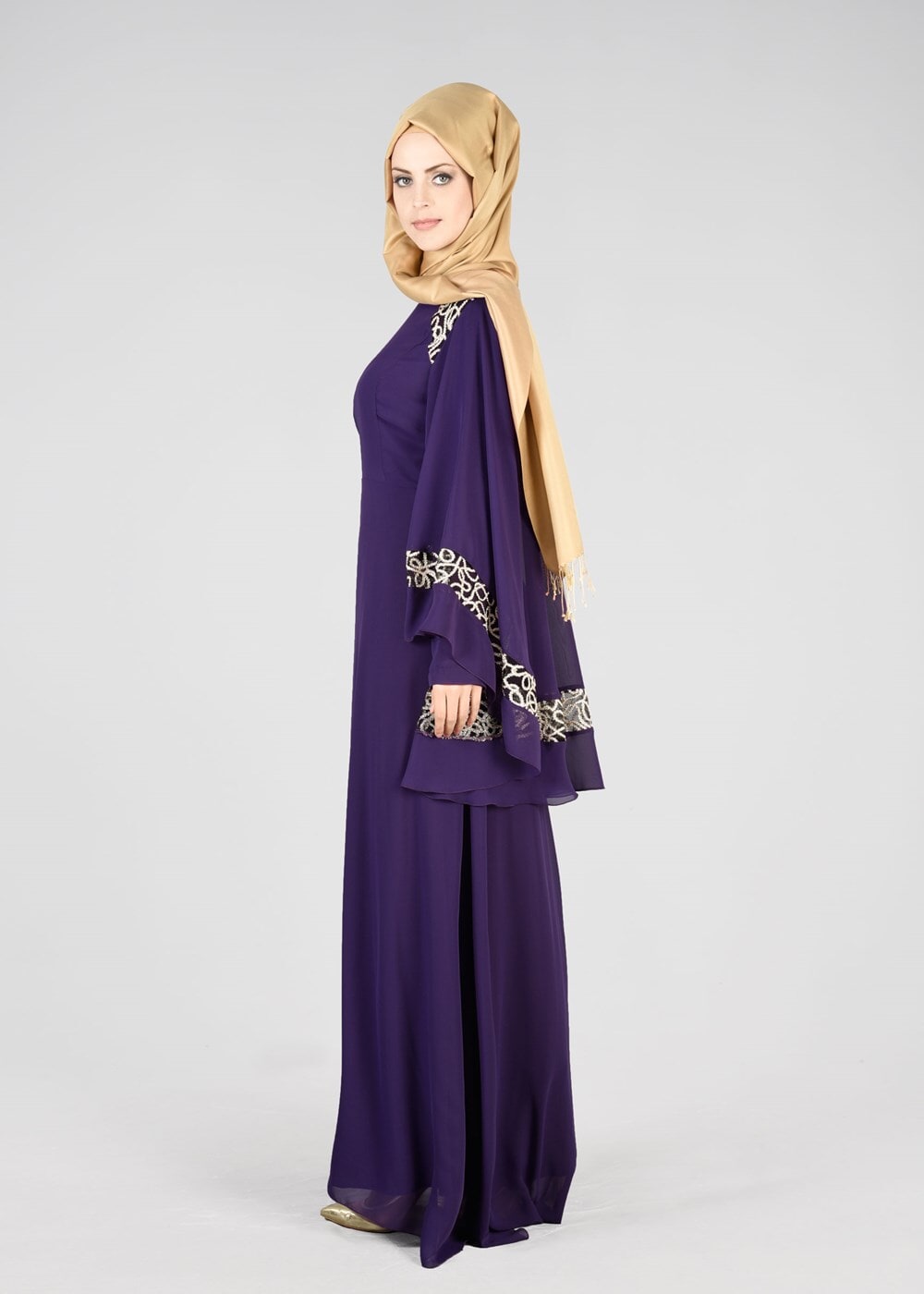 Vêtements hijab POURPRE T 69525 Fy Collection-Pelerin Detaylı Abiye Elbise