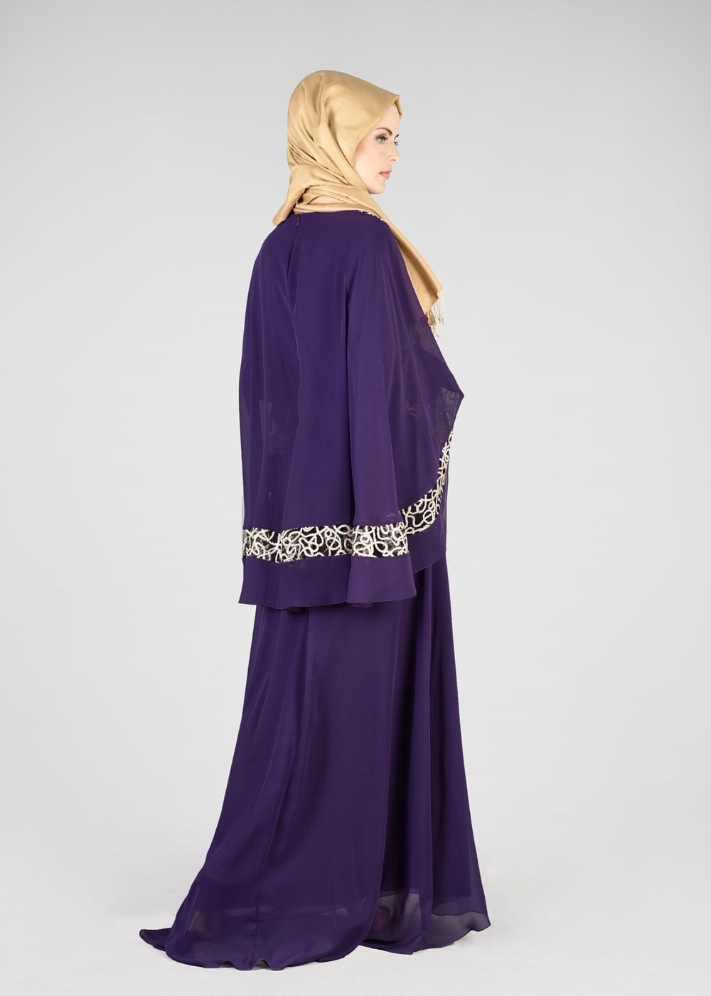 Vêtements hijab POURPRE T 69525 Fy Collection-Pelerin Detaylı Abiye Elbise