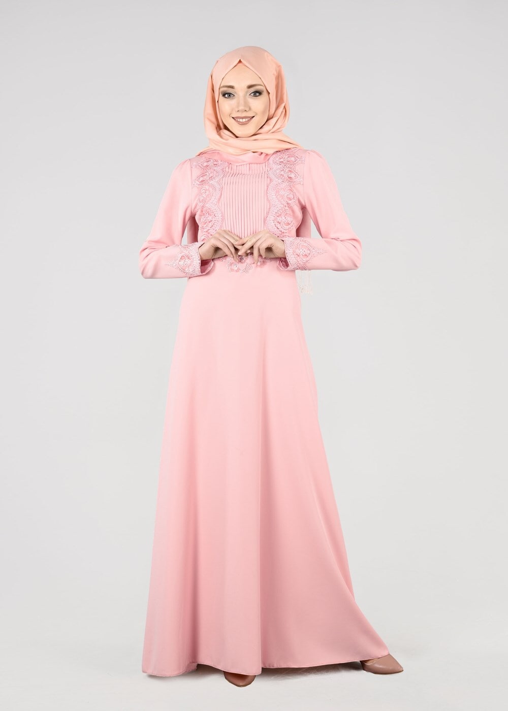 Hijab clothing POWDER T 87525 Fy Collection-Güpür Detaylı Abiye Elbise
