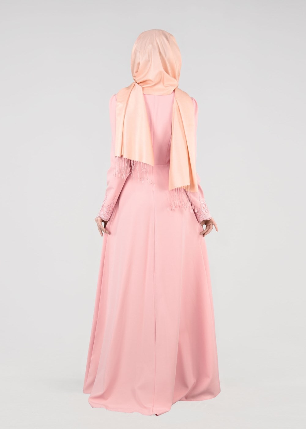 Hijab clothing POWDER T 87525 Fy Collection-Güpür Detaylı Abiye Elbise