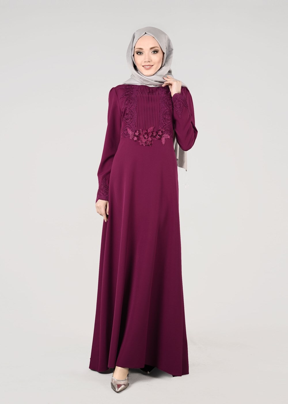 Tesettür giyim MOR T 87525 Fy Collection-Güpür Detaylı Abiye Elbise