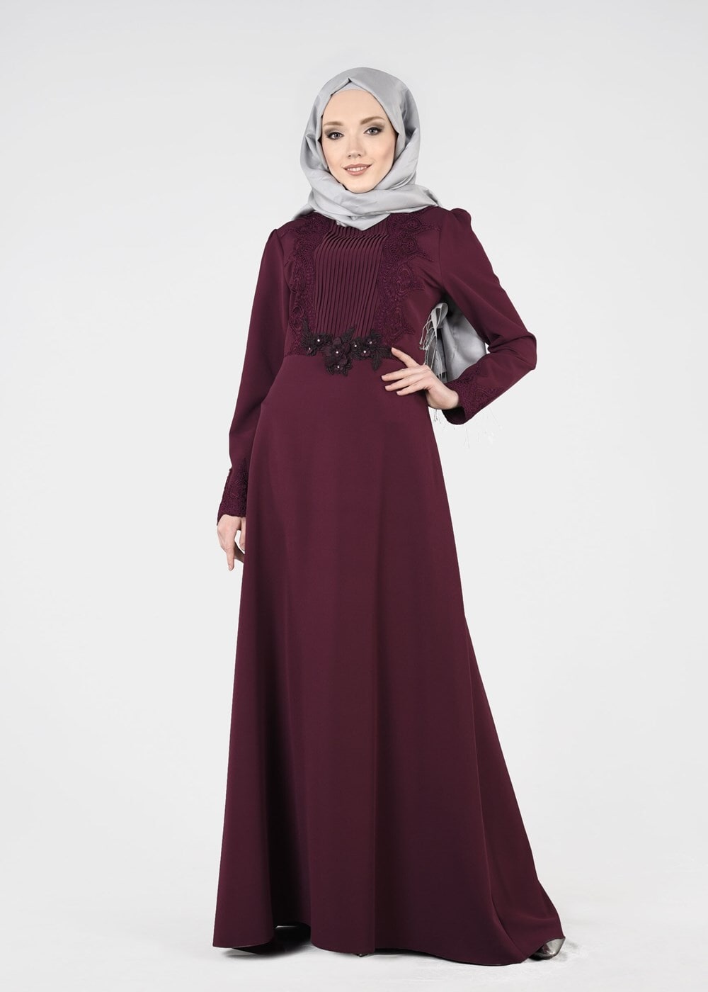 Tesettür giyim MÜRDÜM T 87525 Fy Collection-Güpür Detaylı Abiye Elbise