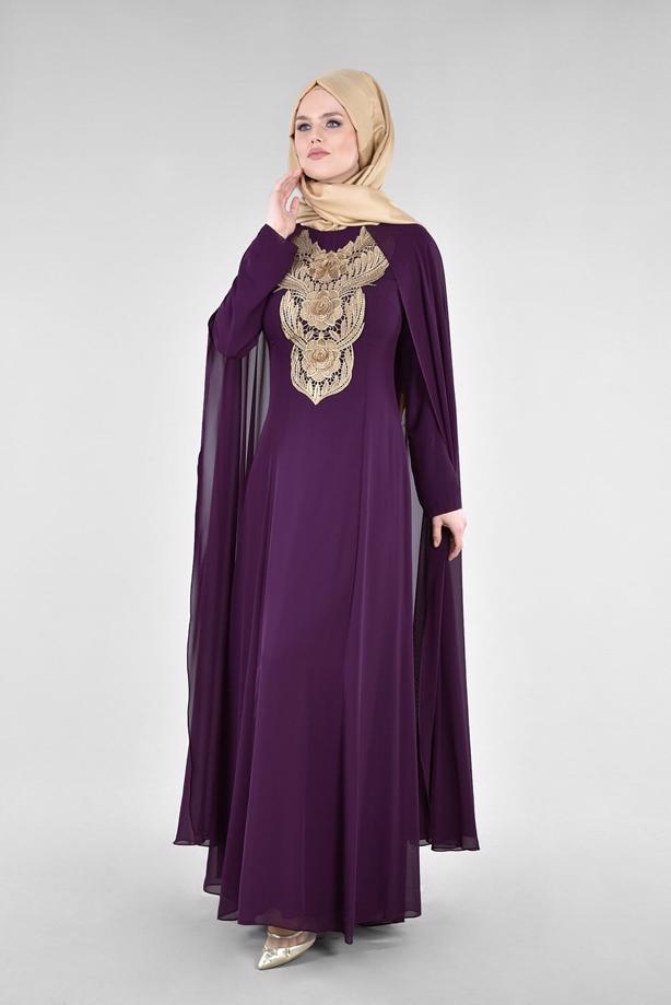 Tesettür giyim  T 96525 Fy Collection-Pelerinli Abiye Elbise - TRENDTESETTÜR