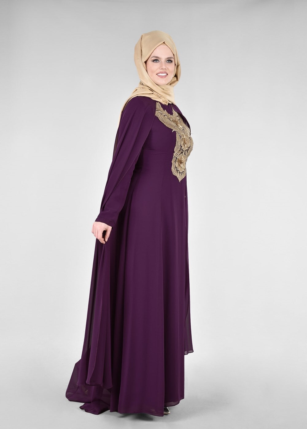 Hijab clothing PURPLE T 96525 Fy Collection-Pelerinli Abiye Elbise