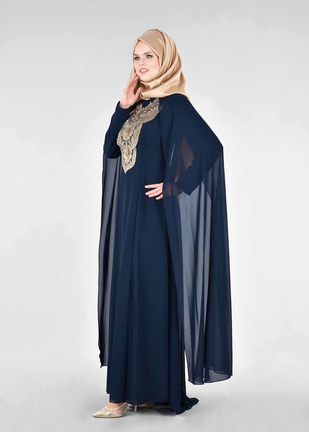 Tesettür giyim LACİVERT T 96525 Fy Collection-Pelerinli Abiye Elbise