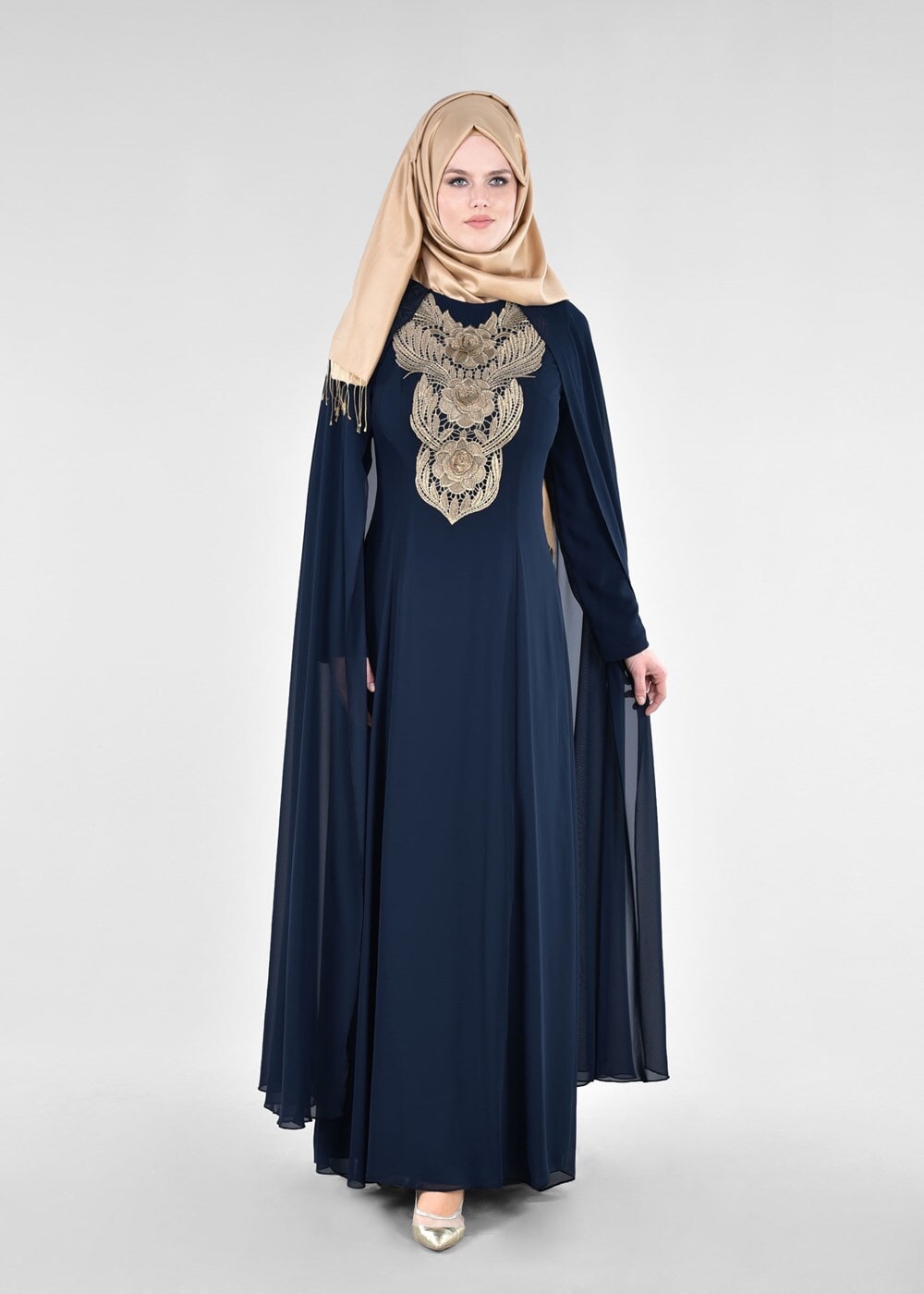 Tesettür giyim LACİVERT T 96525 Fy Collection-Pelerinli Abiye Elbise