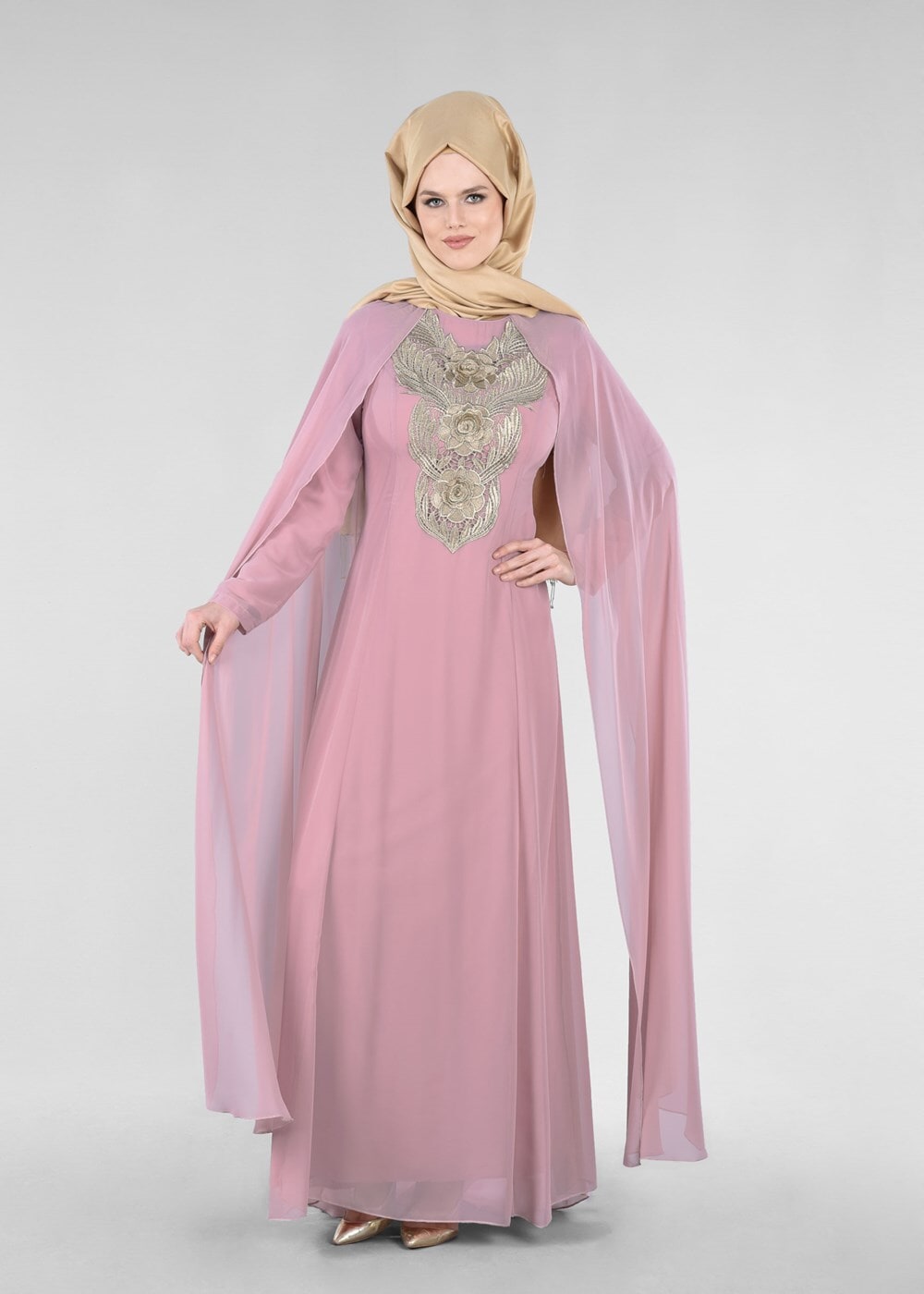 Tesettür giyim PUDRA T 96525 Fy Collection-Pelerinli Abiye Elbise