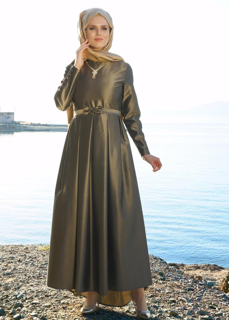 Tesettür giyim HAKİ T 0519 By Korkut- Taftan Uzun Abiye Elbise