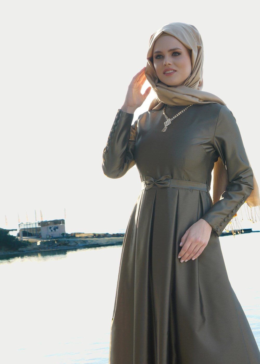 Tesettür giyim HAKİ T 0519 By Korkut- Taftan Uzun Abiye Elbise