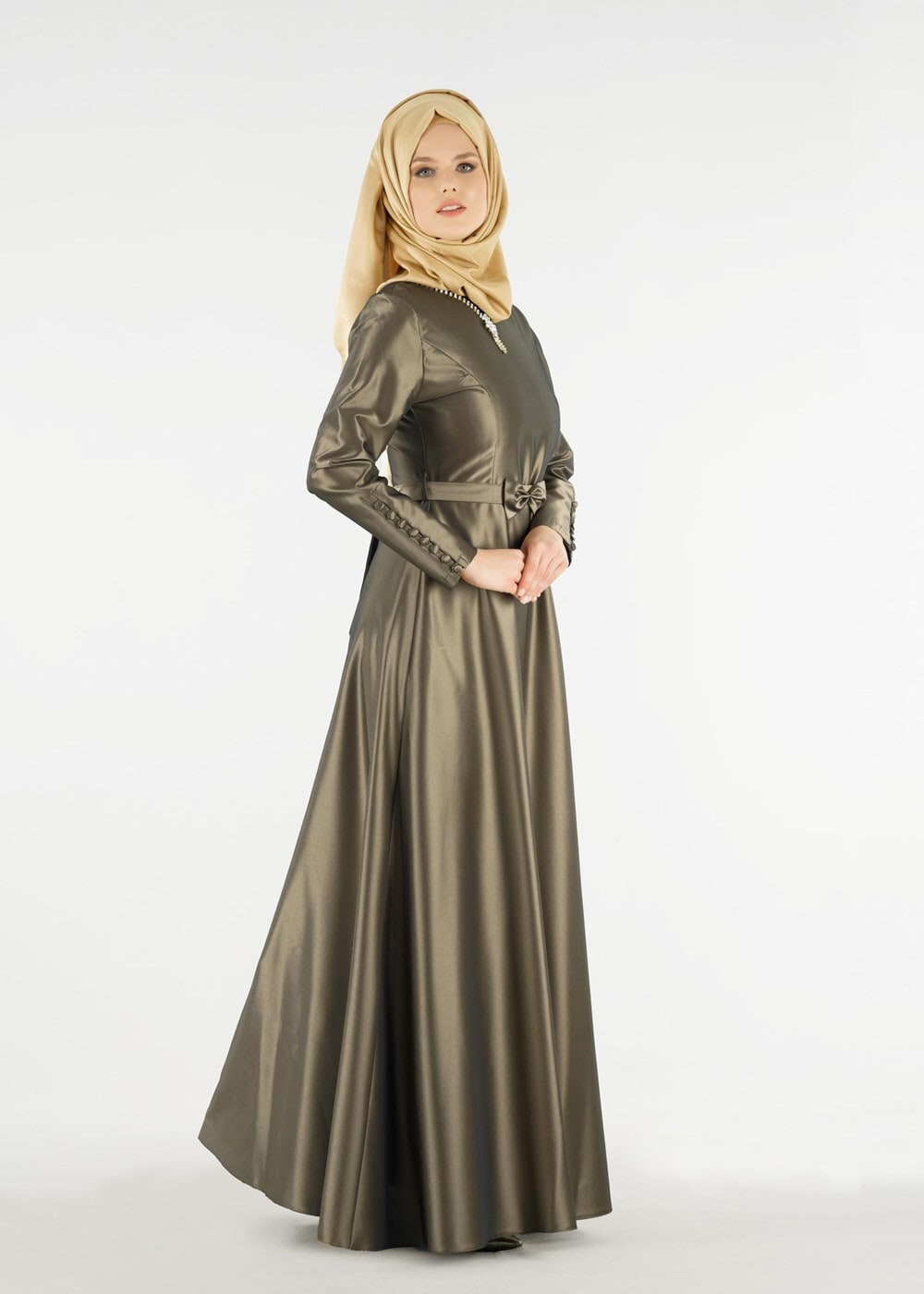 Tesettür giyim HAKİ FİYONK DETAYLI KOLYELİ ABİYE ELBİSE 2519 