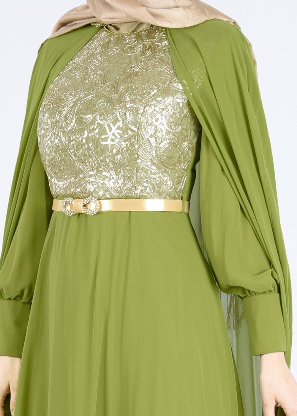 Tesettür giyim YEŞİL PUL İŞLEMELİ 2&prime;Lİ ABİYE ELBİSE 5177
