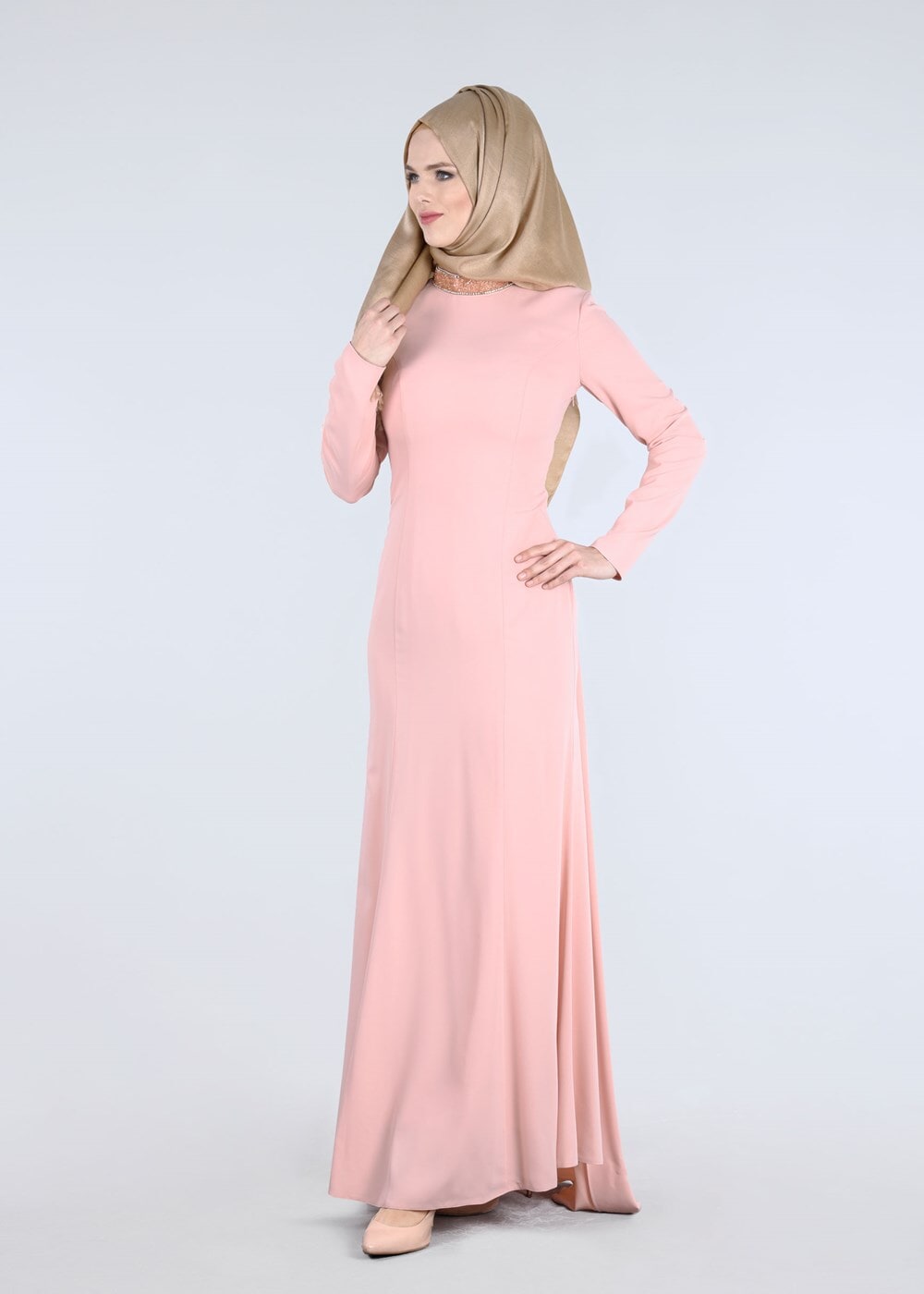 Tesettür giyim PUDRA TAŞ VE SİM DETAYLI ABİYE ELBİSE 5182 