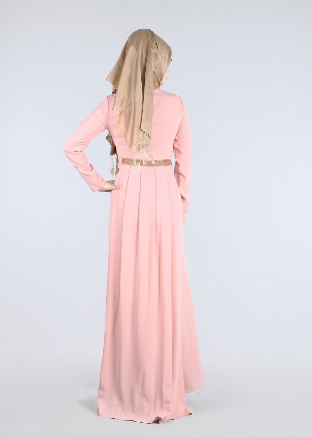 Tesettür giyim PUDRA TAŞ VE SİM DETAYLI ABİYE ELBİSE 5182 