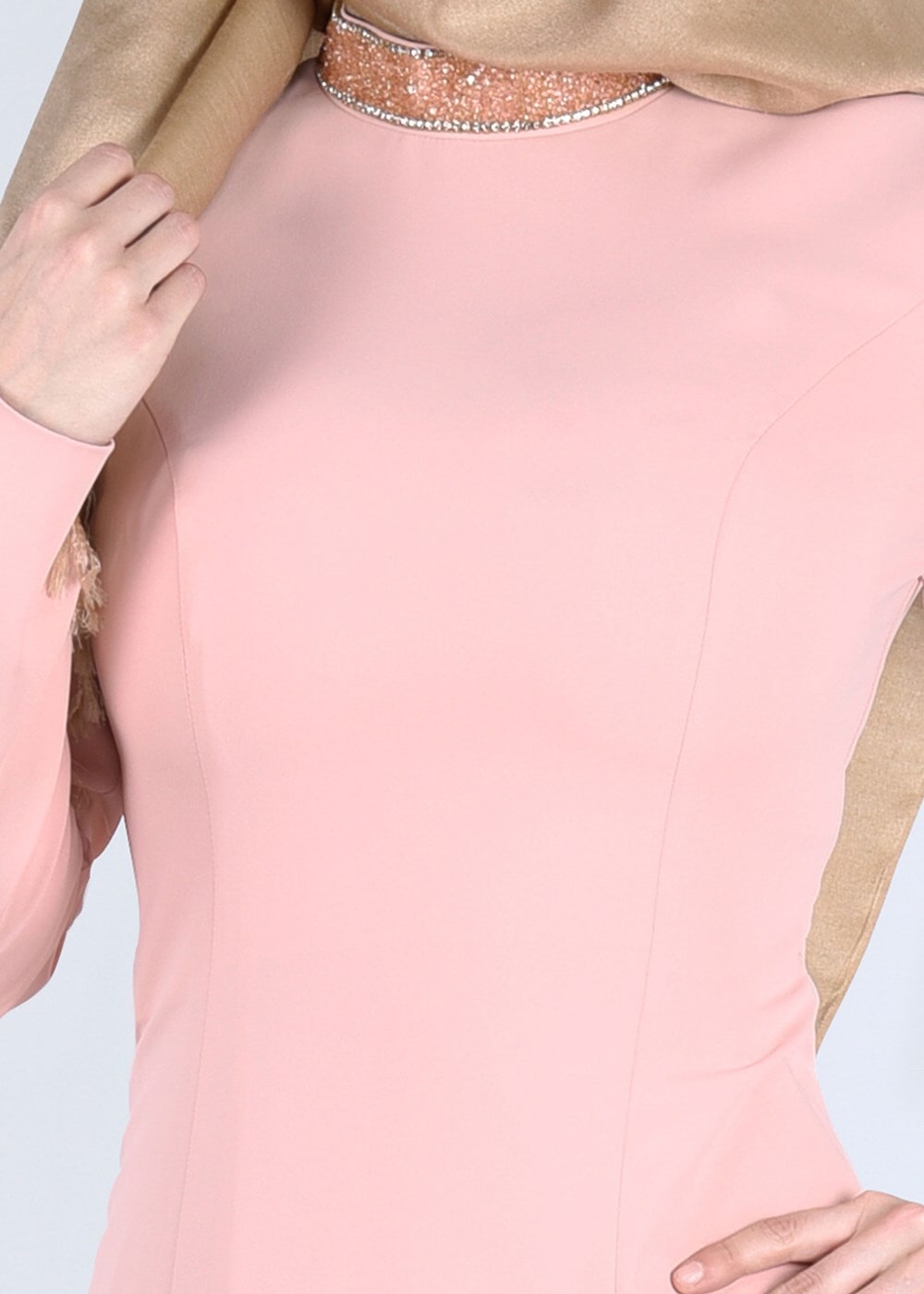 Tesettür giyim PUDRA TAŞ VE SİM DETAYLI ABİYE ELBİSE 5182 