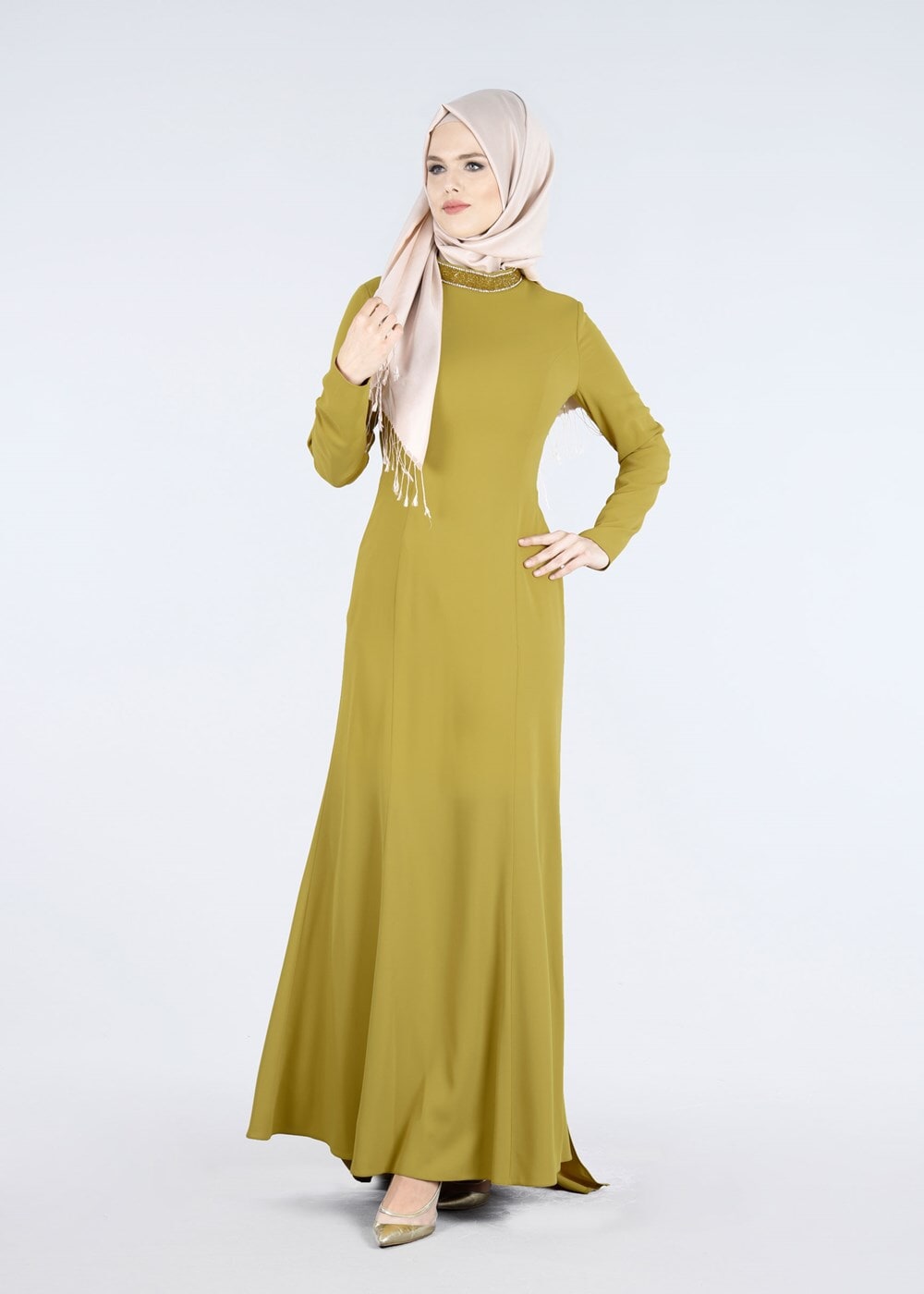 Tesettür giyim YEŞİL TAŞ VE SİM DETAYLI ABİYE ELBİSE 5182 