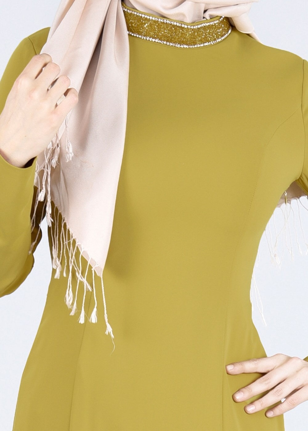 Tesettür giyim YEŞİL TAŞ VE SİM DETAYLI ABİYE ELBİSE 5182 