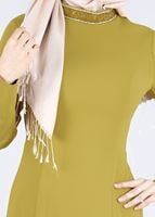 Tesettür giyim YEŞİL TAŞ VE SİM DETAYLI ABİYE ELBİSE 5182 