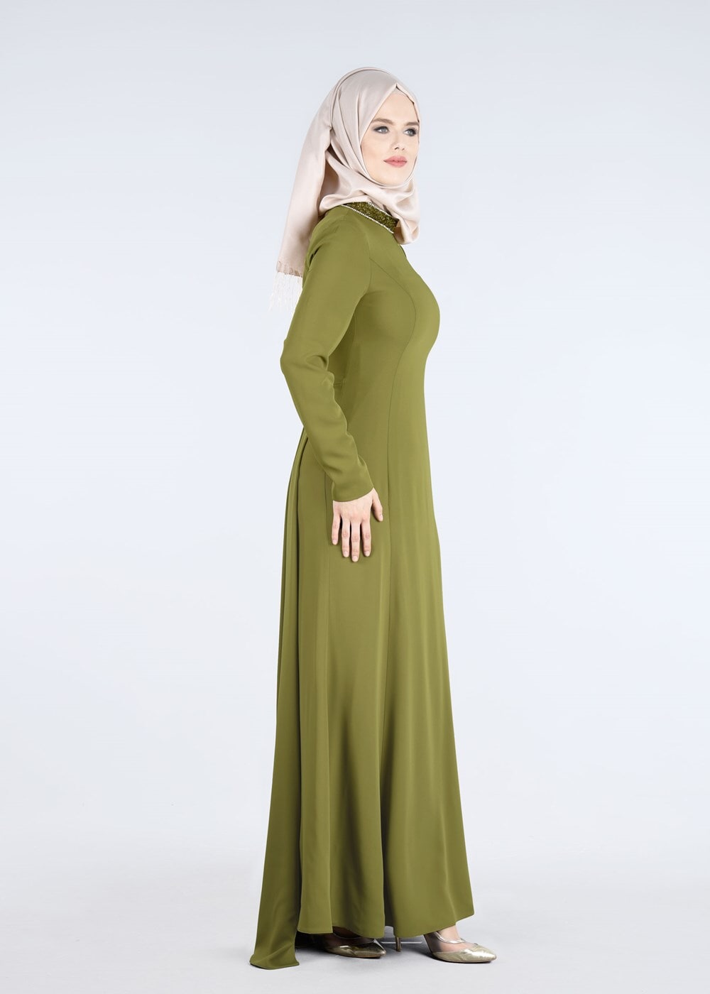 Tesettür giyim YEŞİL TAŞ VE SİM DETAYLI ABİYE ELBİSE 5182 