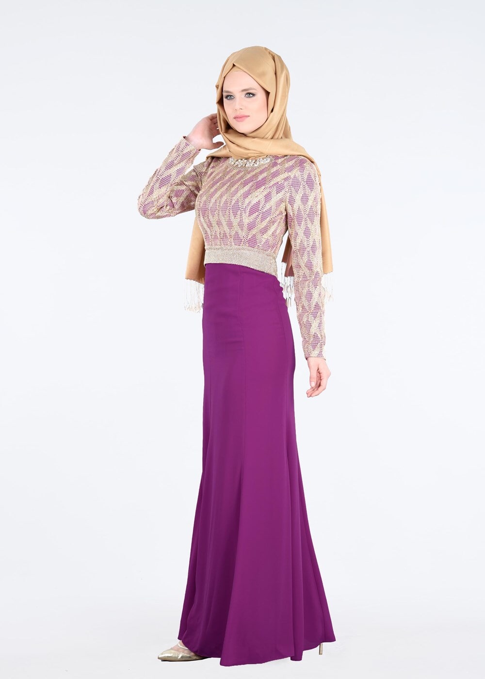 Tesettür giyim FUŞYA YAKASI AKSESUARLI ABİYE ELBİSE 5211