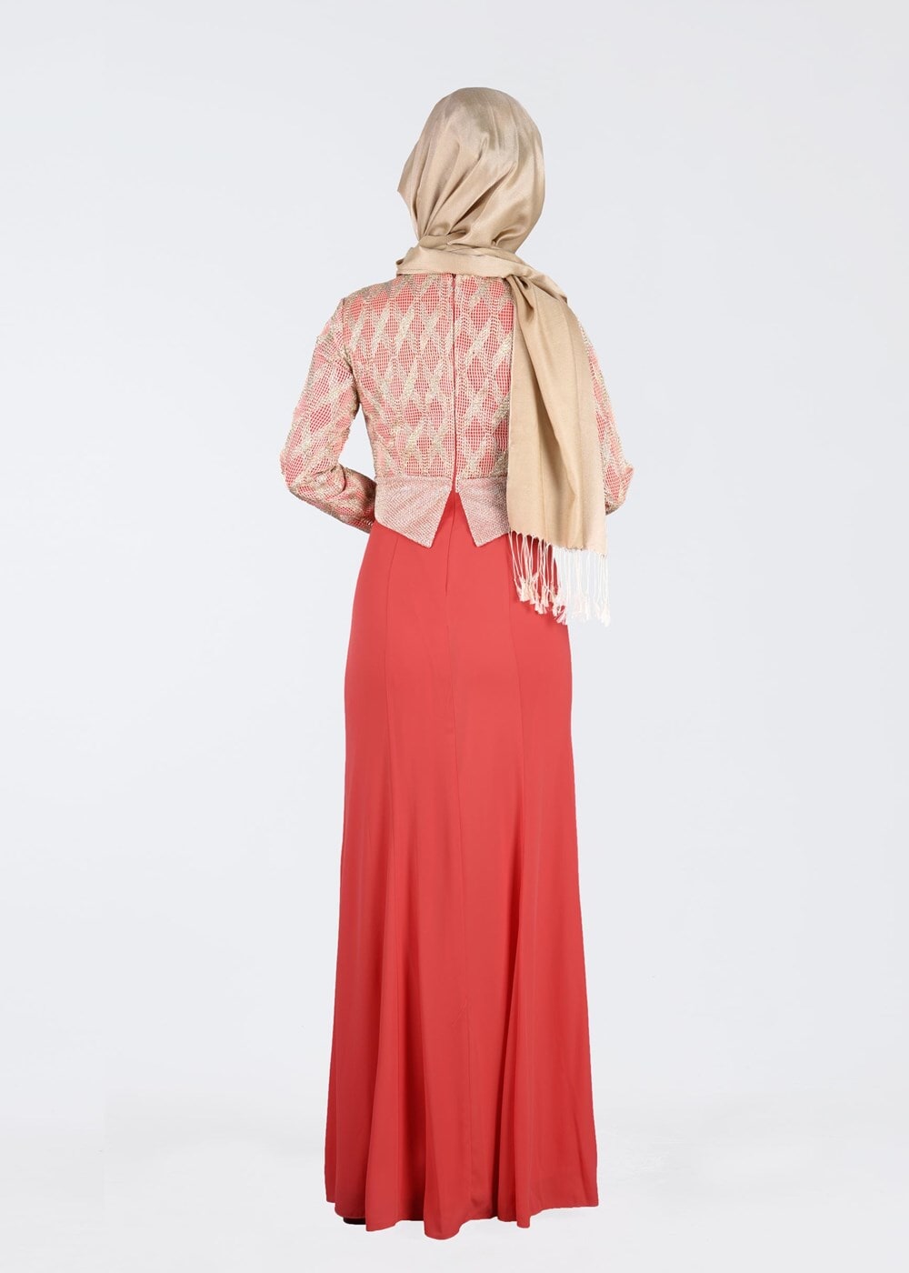 Tesettür giyim MERCAN YAKASI AKSESUARLI ABİYE ELBİSE 5211