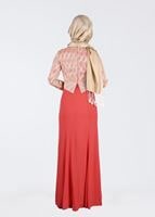 Tesettür giyim MERCAN YAKASI AKSESUARLI ABİYE ELBİSE 5211