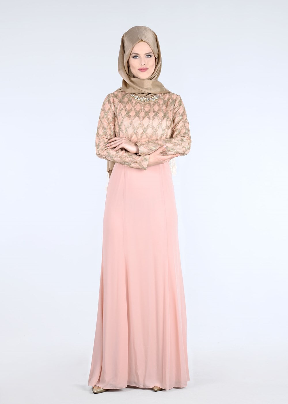 Tesettür giyim PUDRA YAKASI AKSESUARLI ABİYE ELBİSE 5211