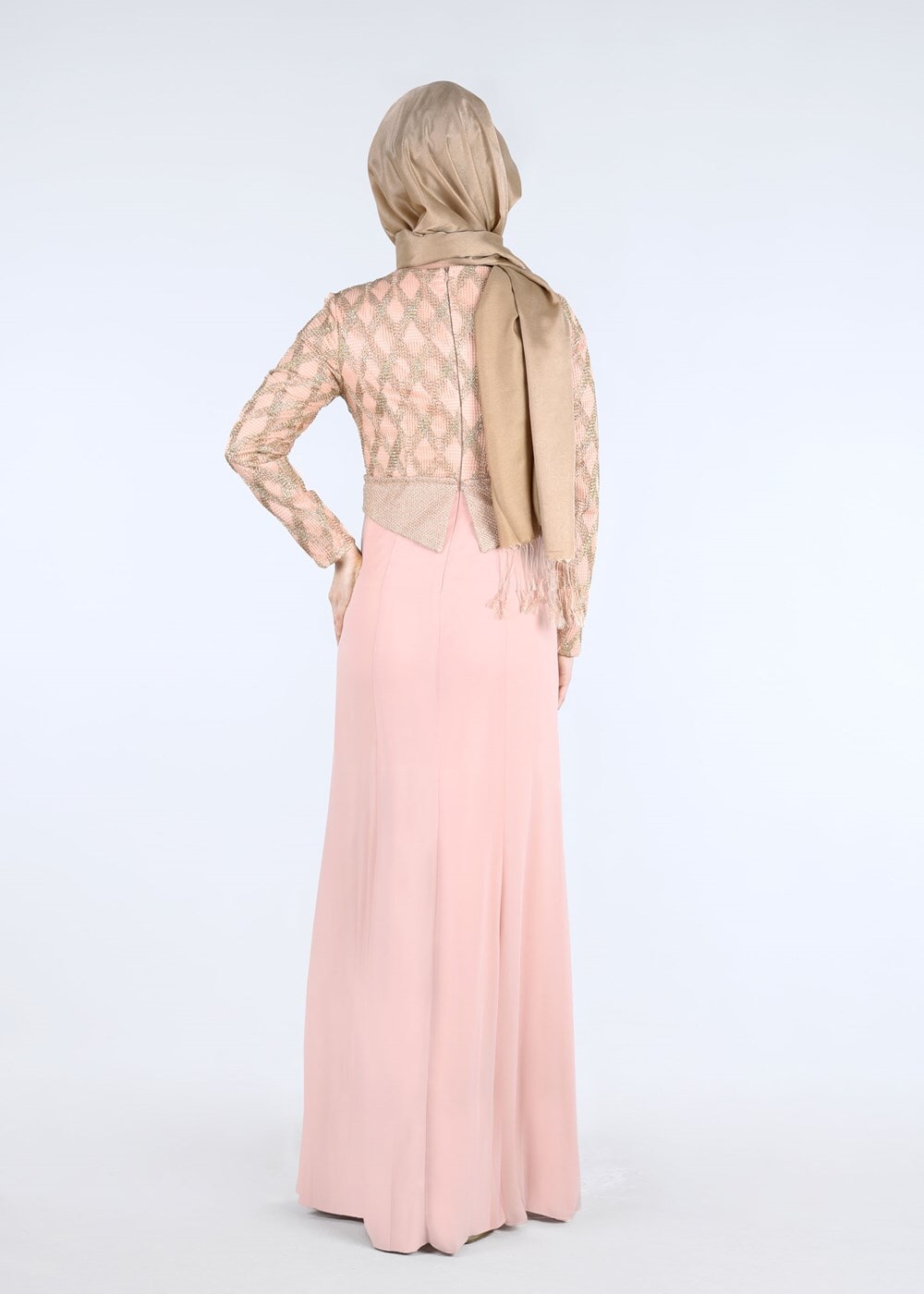 Tesettür giyim PUDRA YAKASI AKSESUARLI ABİYE ELBİSE 5211