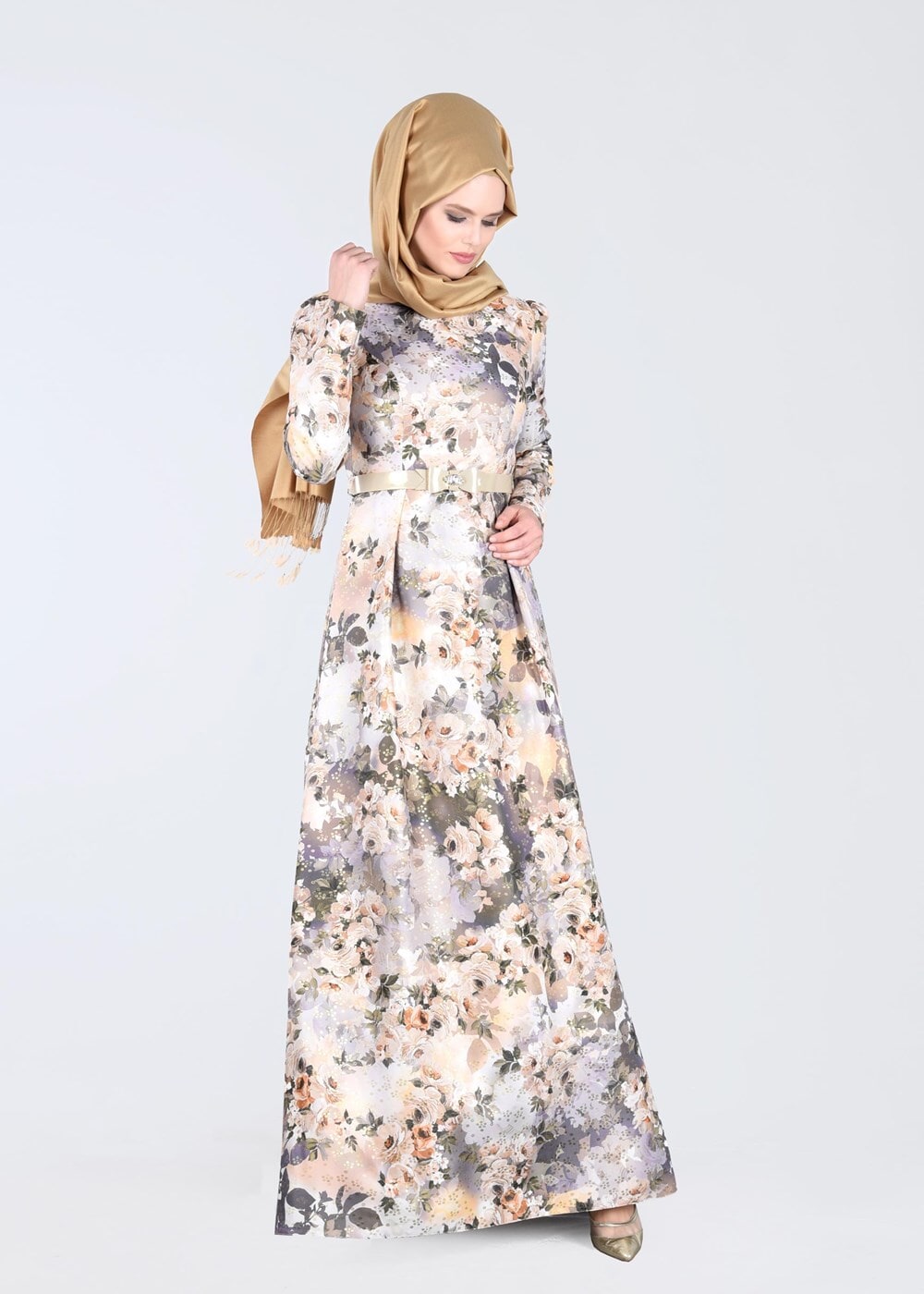 Tesettür giyim ALTIN ÇİÇEK DESENLİ BELİ KEMERLİ ABİYE ELBİSE 5234 