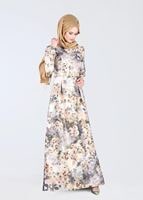 Tesettür giyim ALTIN ÇİÇEK DESENLİ BELİ KEMERLİ ABİYE ELBİSE 5234 