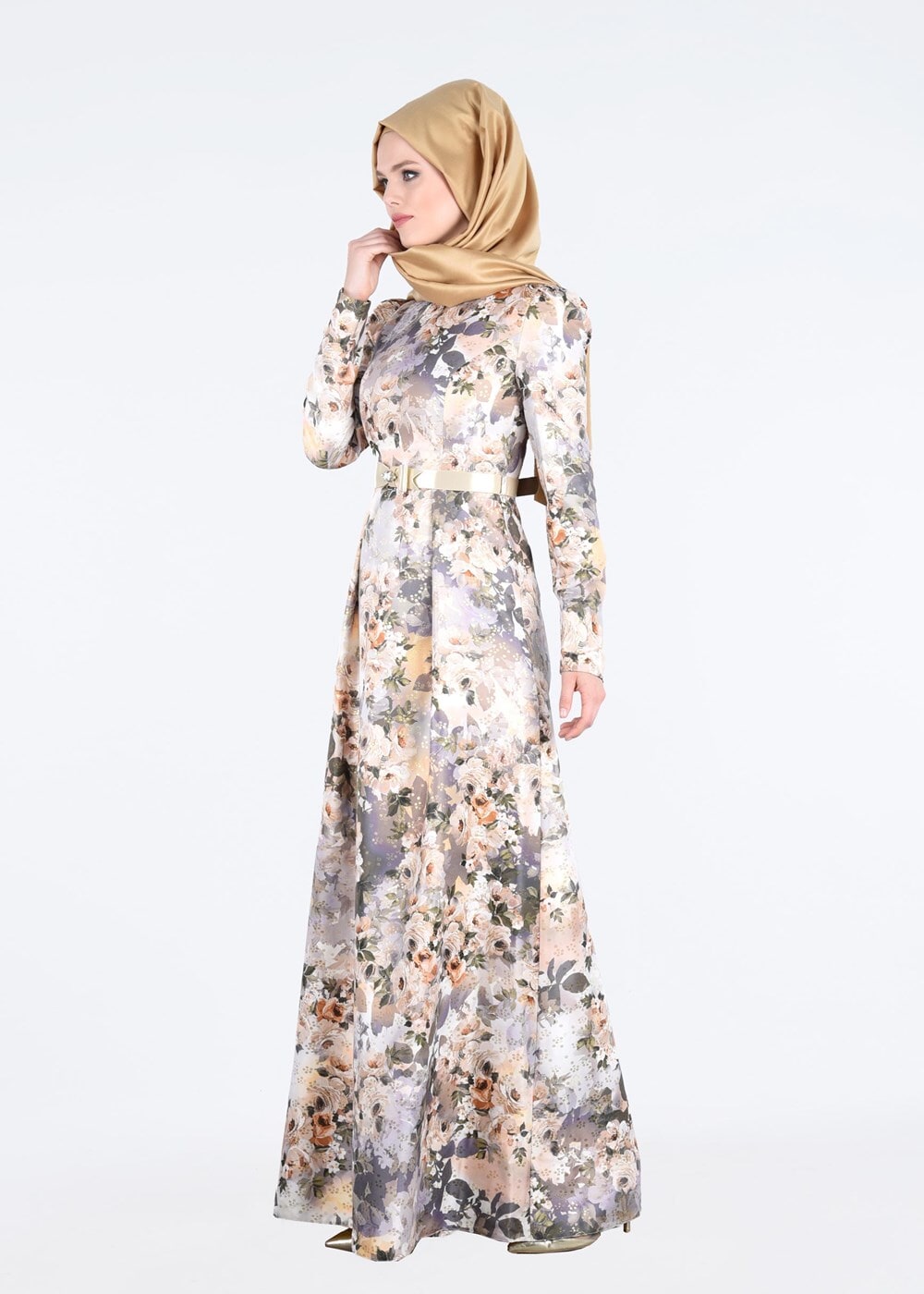 Tesettür giyim ALTIN ÇİÇEK DESENLİ BELİ KEMERLİ ABİYE ELBİSE 5234 