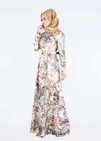 Tesettür giyim ALTIN ÇİÇEK DESENLİ BELİ KEMERLİ ABİYE ELBİSE 5234 