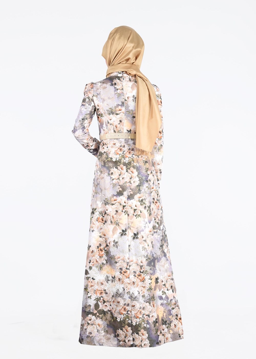 Tesettür giyim ALTIN ÇİÇEK DESENLİ BELİ KEMERLİ ABİYE ELBİSE 5234 