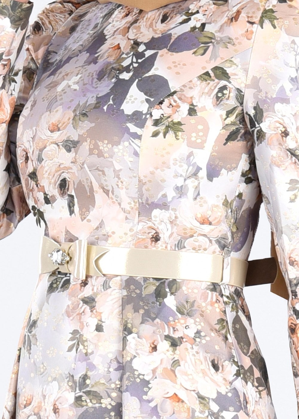 Tesettür giyim ALTIN ÇİÇEK DESENLİ BELİ KEMERLİ ABİYE ELBİSE 5234 