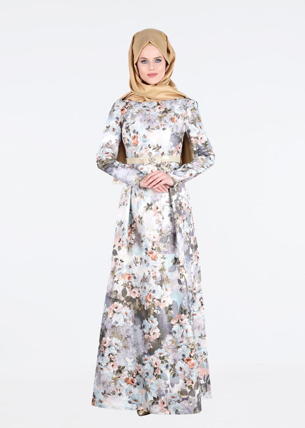 Tesettür giyim MAVİ ÇİÇEK DESENLİ BELİ KEMERLİ ABİYE ELBİSE 5234 