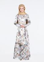 Tesettür giyim MAVİ ÇİÇEK DESENLİ BELİ KEMERLİ ABİYE ELBİSE 5234 