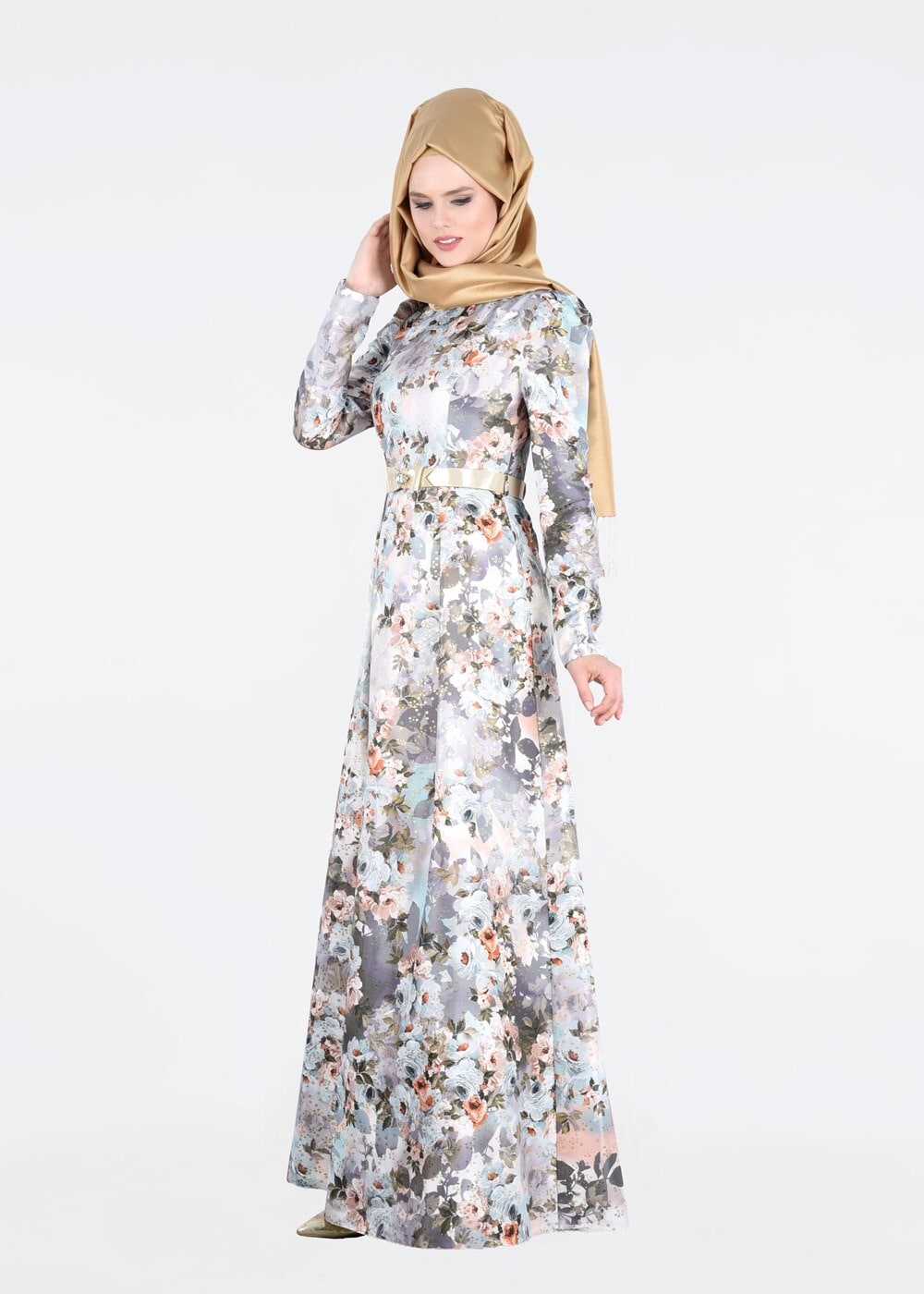 Tesettür giyim MAVİ ÇİÇEK DESENLİ BELİ KEMERLİ ABİYE ELBİSE 5234 