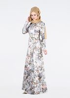 Tesettür giyim MAVİ ÇİÇEK DESENLİ BELİ KEMERLİ ABİYE ELBİSE 5234 