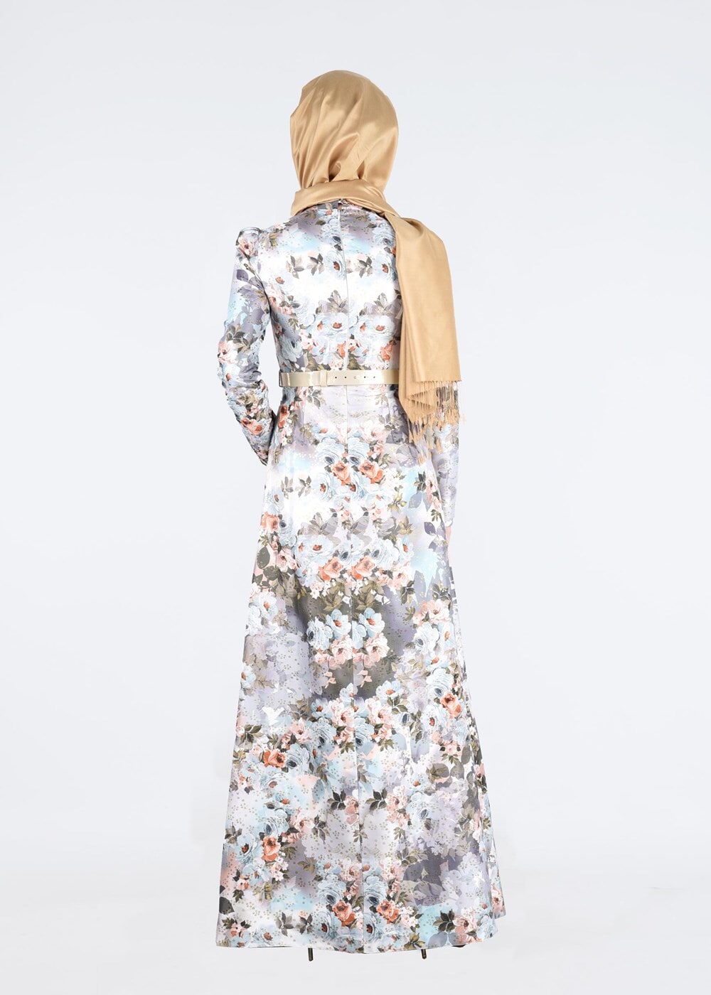 Tesettür giyim MAVİ ÇİÇEK DESENLİ BELİ KEMERLİ ABİYE ELBİSE 5234 