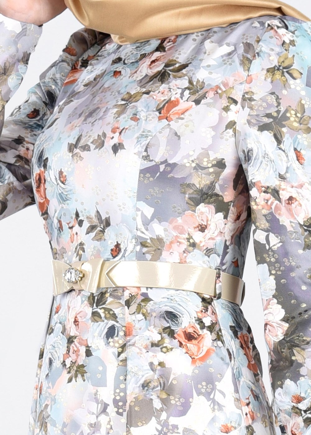 Tesettür giyim MAVİ ÇİÇEK DESENLİ BELİ KEMERLİ ABİYE ELBİSE 5234 