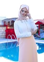 Tesettür giyim PUDRA DÜĞMELİ YAKASI TAŞ DETAYLI ABİYE ELBİSE 5238 