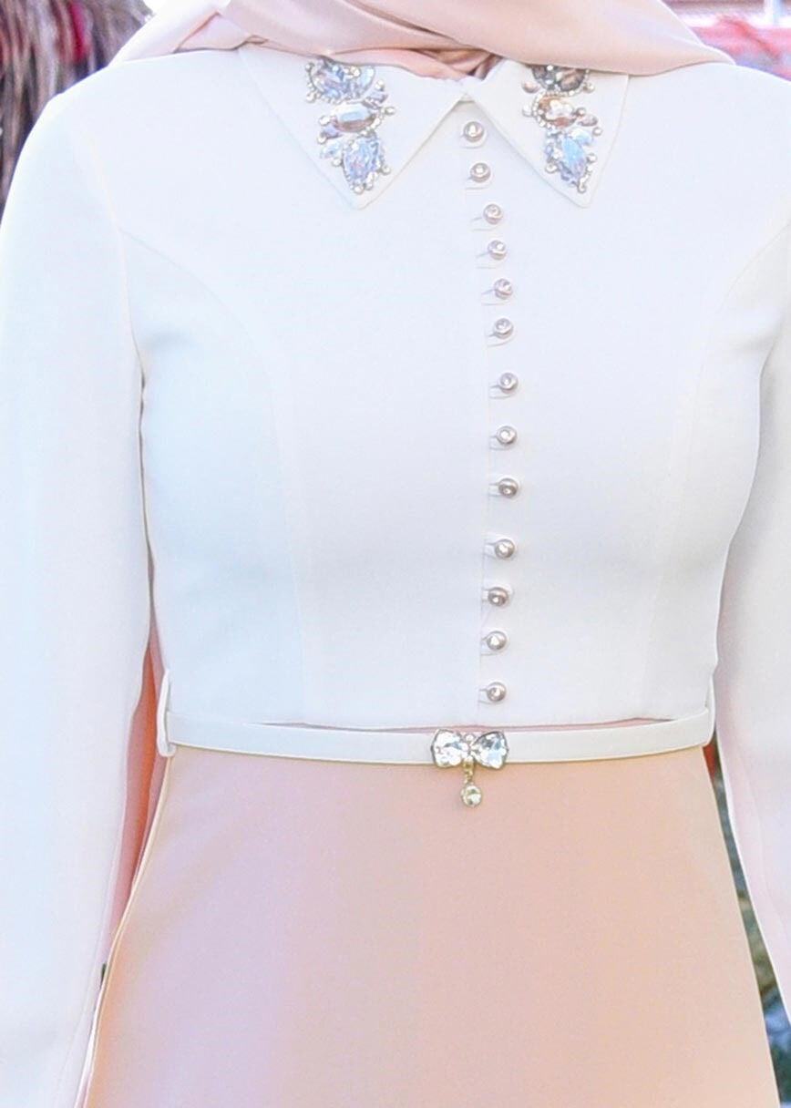 Tesettür giyim PUDRA DÜĞMELİ YAKASI TAŞ DETAYLI ABİYE ELBİSE 5238 